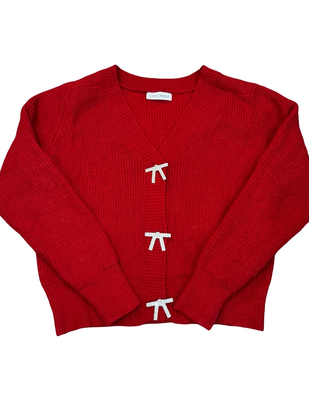 Chicwish Red V-Neck Knit Cardigan with Bow Embellished Bling Closures